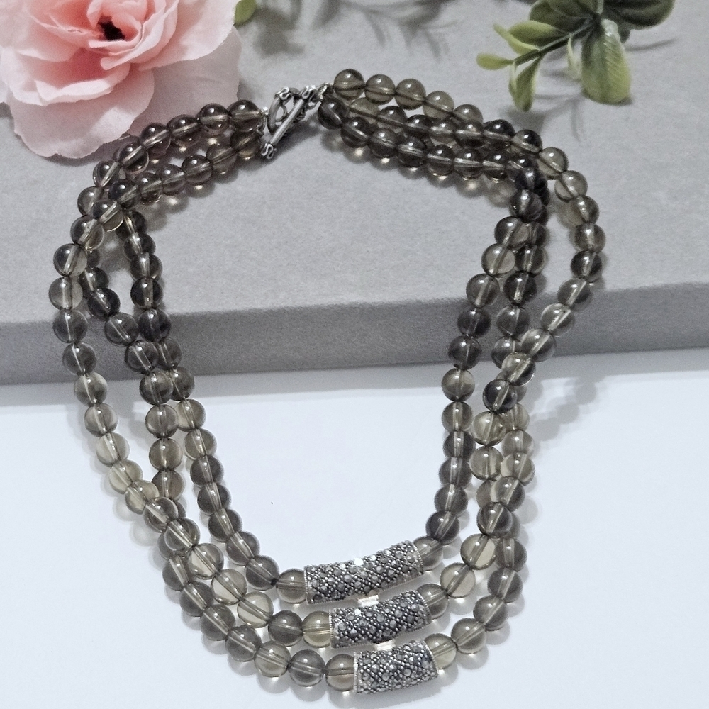 Vintage Triple Strand Natural Smoky Quartz .925 Sterling Silver  Necklace - Picture 2 of 7